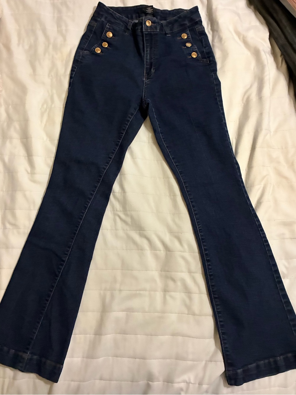 Rachel Zoe Sailor Dark Denim Flared High-Waist Jeans with Gold Buttons sz 4